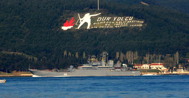 Russian warship Yamal passing through the Dardanelles. Photo: DHA.